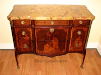 French Oriental Motif Marquetry Empire Revival  Marble Top Chest